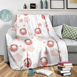 Daruma Japanese Wooden Doll Cherry Blossom Flower Pattern Premium Blanket