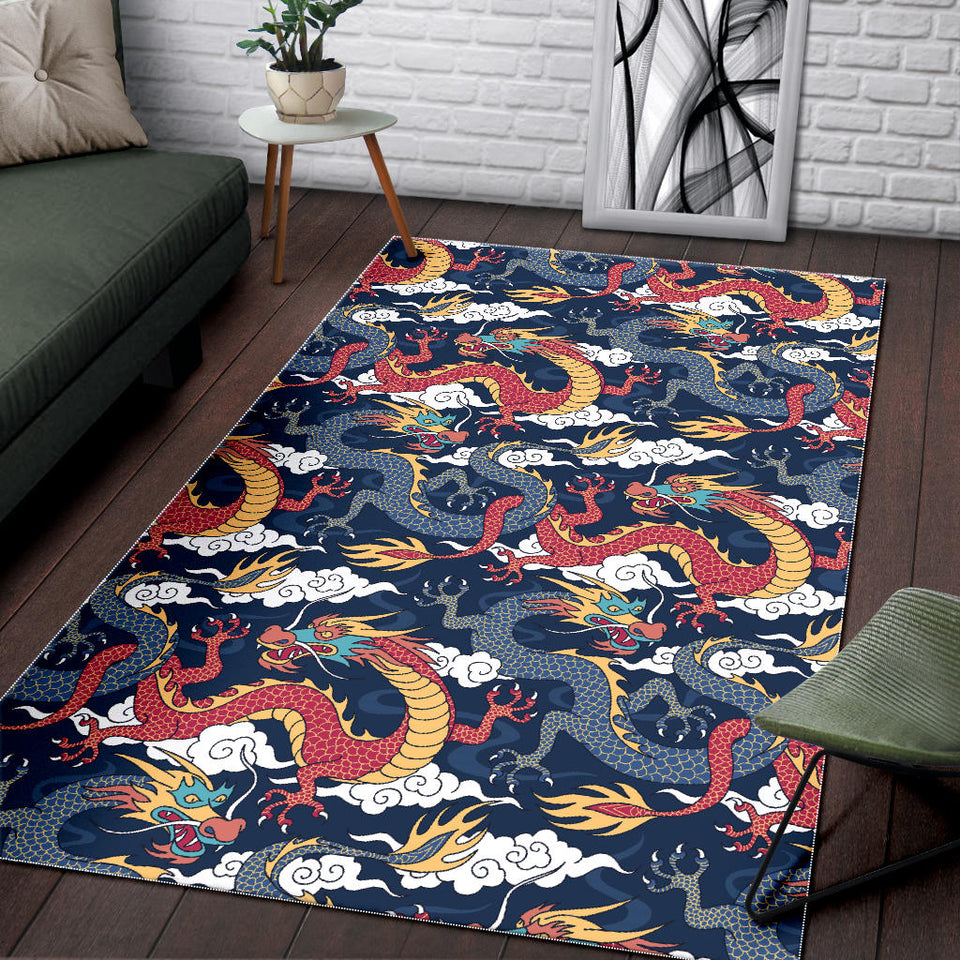 Blue Red Dragon Cloud Pattern Area Rug