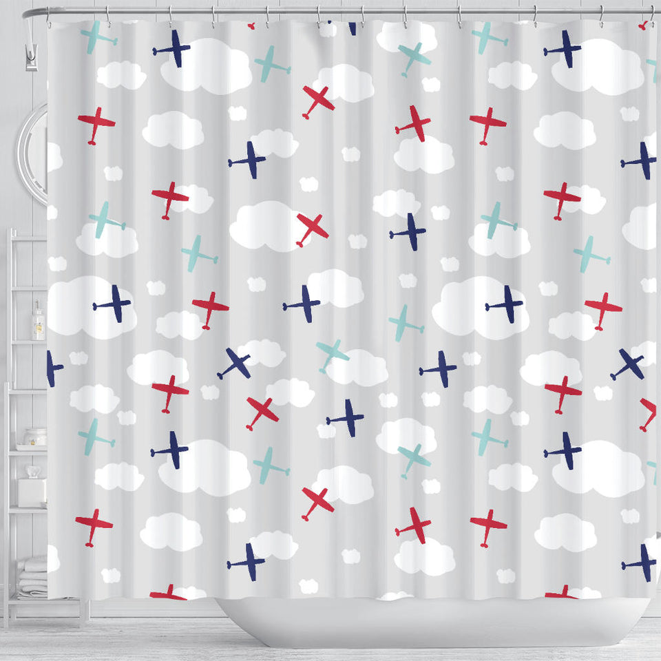 Airplane Cloud Grey Background Shower Curtain Fulfilled In US