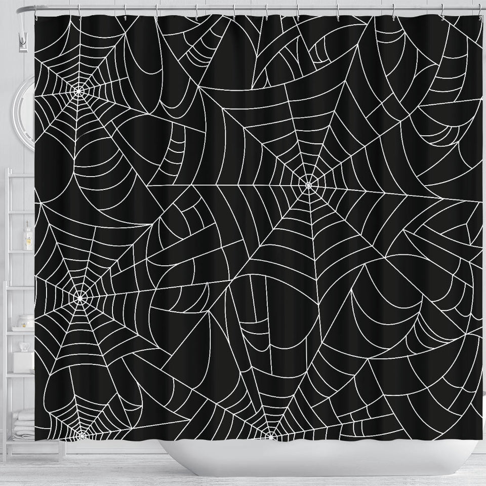Spider Web Pattern Black Background White Cobweb Shower Curtain Fulfilled In US
