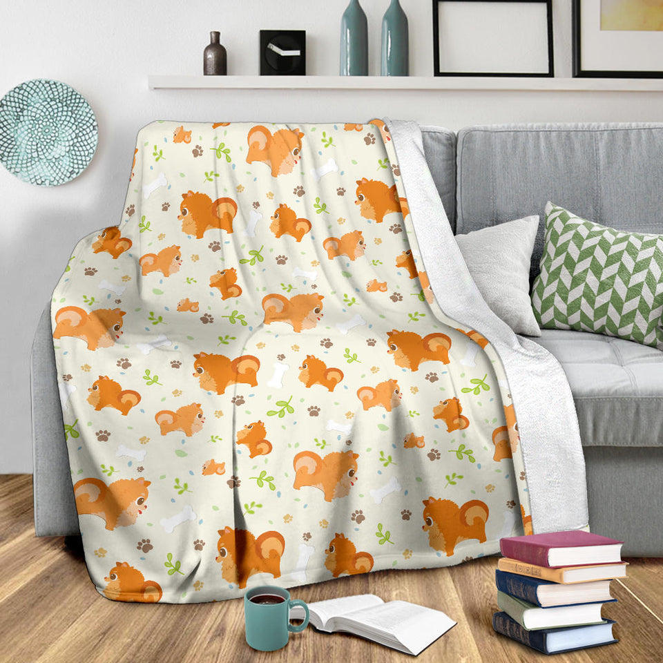 Cute Brown Pomeranian Paw Leave Bone Pattern Premium Blanket
