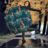 Heliconia Flowers, Palm And Monstera Leaves On Black Background Pattern Umbrella