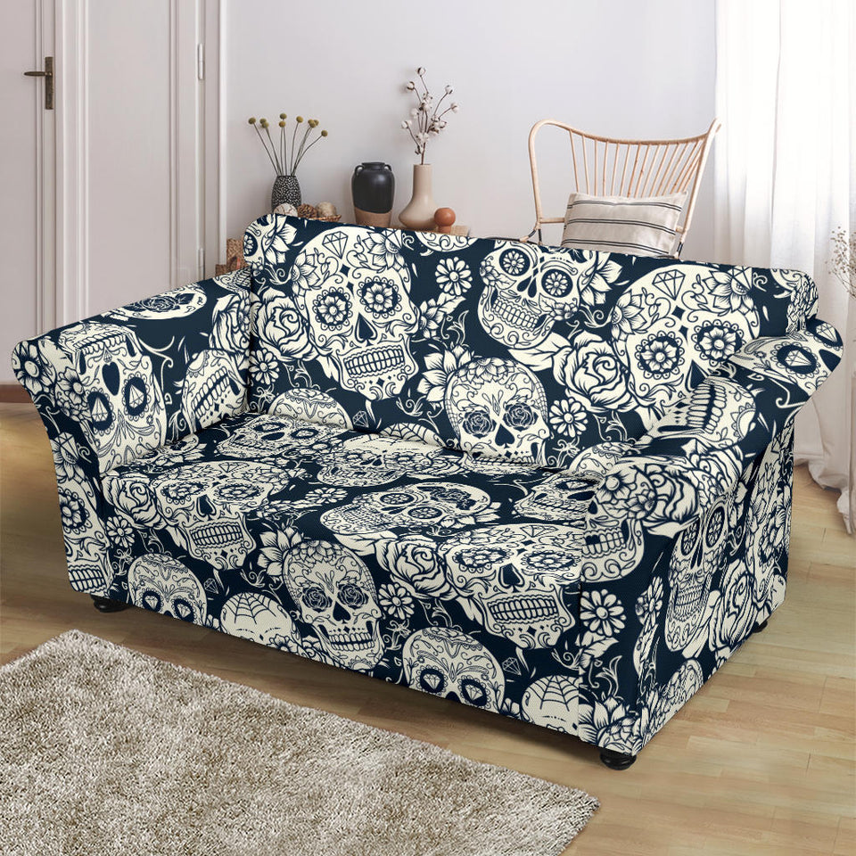 Sugar Skull Black White Pattern Loveseat Couch Slipcover