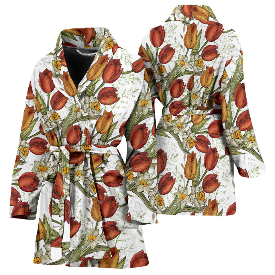 Red Tulips And Daffodils Pattern Women'S Bathrobe