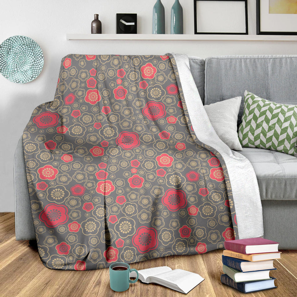 Red Gold Sakura Cherry Blossom Gray Background Premium Blanket