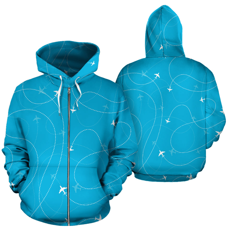 Airplane Destinations Blue Background Zip Up Hoodie