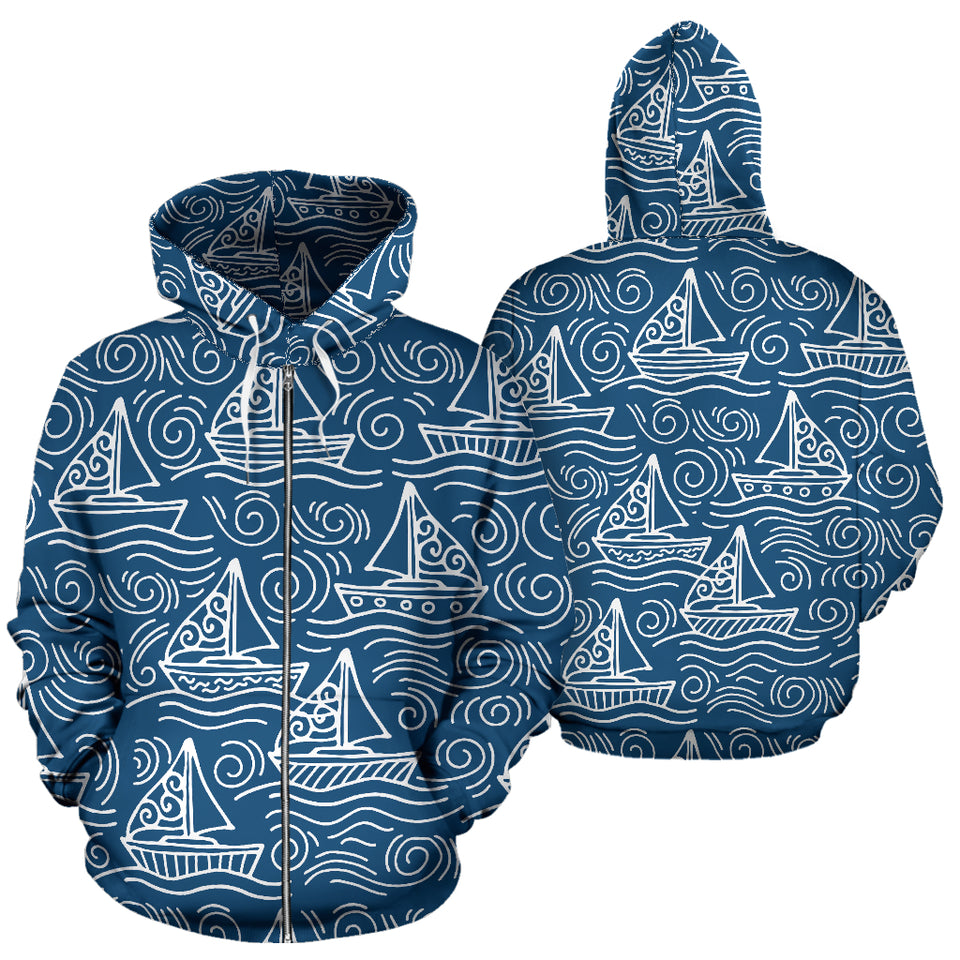 Hand Drawn Sailboat Pattern Zip Up Hoodie