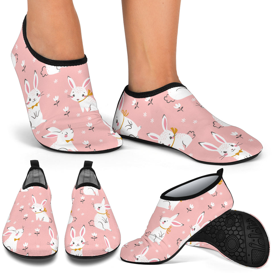 Cute White Rabbit Flower Pink Background Aqua Shoes