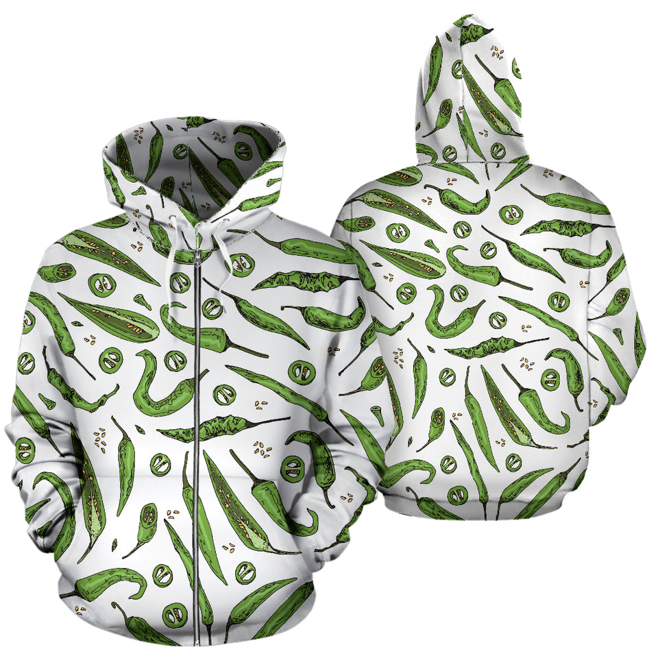 Hand Drawn Sketch Style Green Chili Peppers Pattern Zip Up Hoodie
