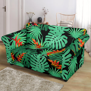 Heliconia Flower Palm Monstera Leaves Black Background Loveseat Couch Slipcover