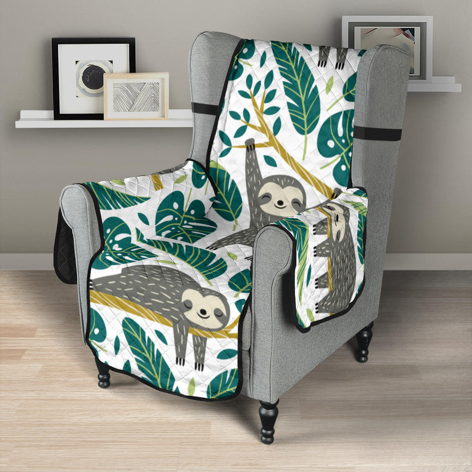 Cute sloths tropical palm leaves white background Chair Cover Protector