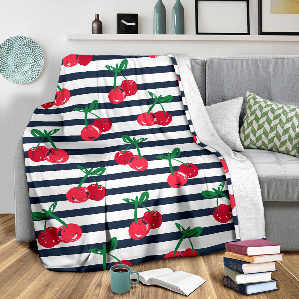 Hand Drawn Cherry Pattern Striped Background Premium Blanket