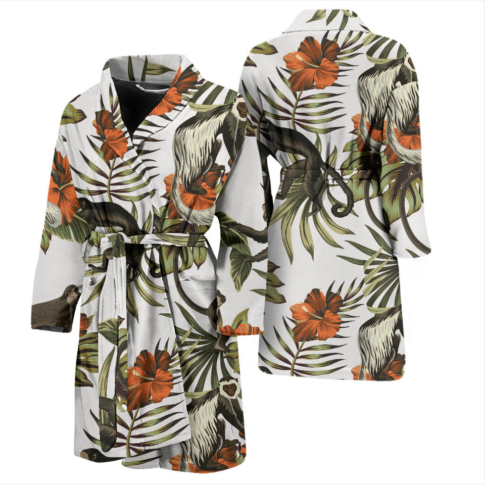 Monkey Red Hibiscus Flower Palm Leaves Floral Pattern Men'S Bathrobe