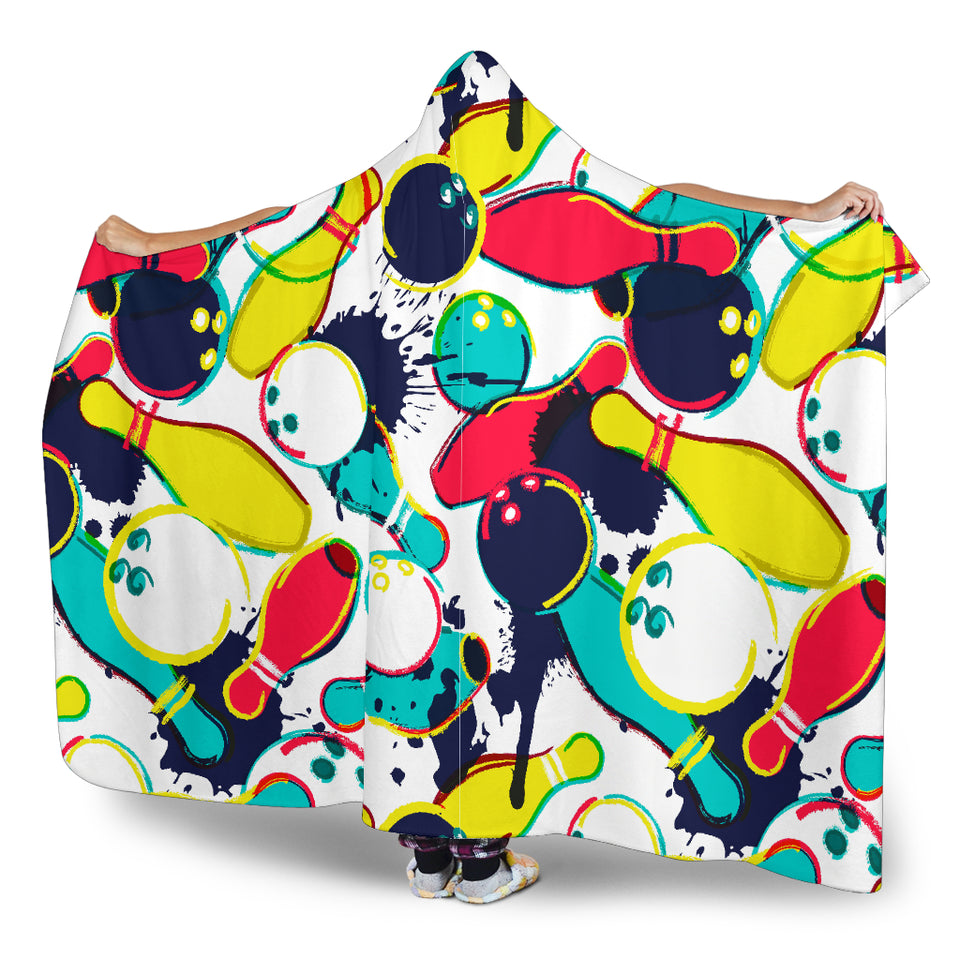 Watercolor Bowling Ball Pins Hooded Blanket