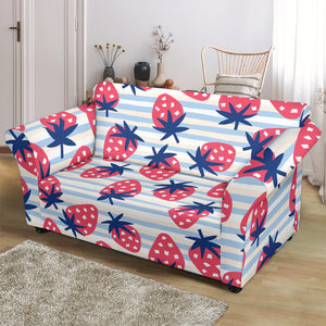 Strawberry Pattern Blue Lines Background Loveseat Couch Slipcover