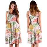Pink Flamingo Birds Pineapples Hibiscus Flower Pattern Sleeveless Midi Dress