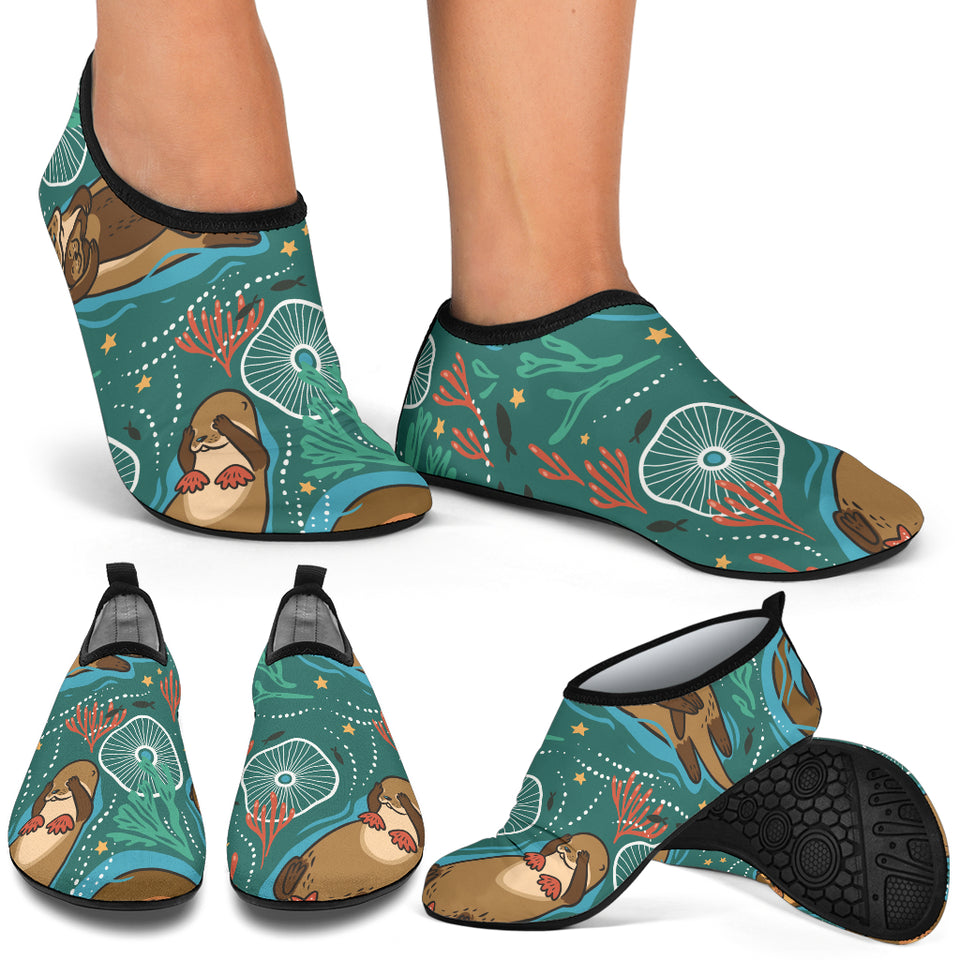 Cute Brown Sea Otters Ornamental Seaweed Corals Green Water Aqua Shoes