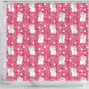 Maneki Neko Lucky Cat Sakura Pink Background Shower Curtain Fulfilled In US