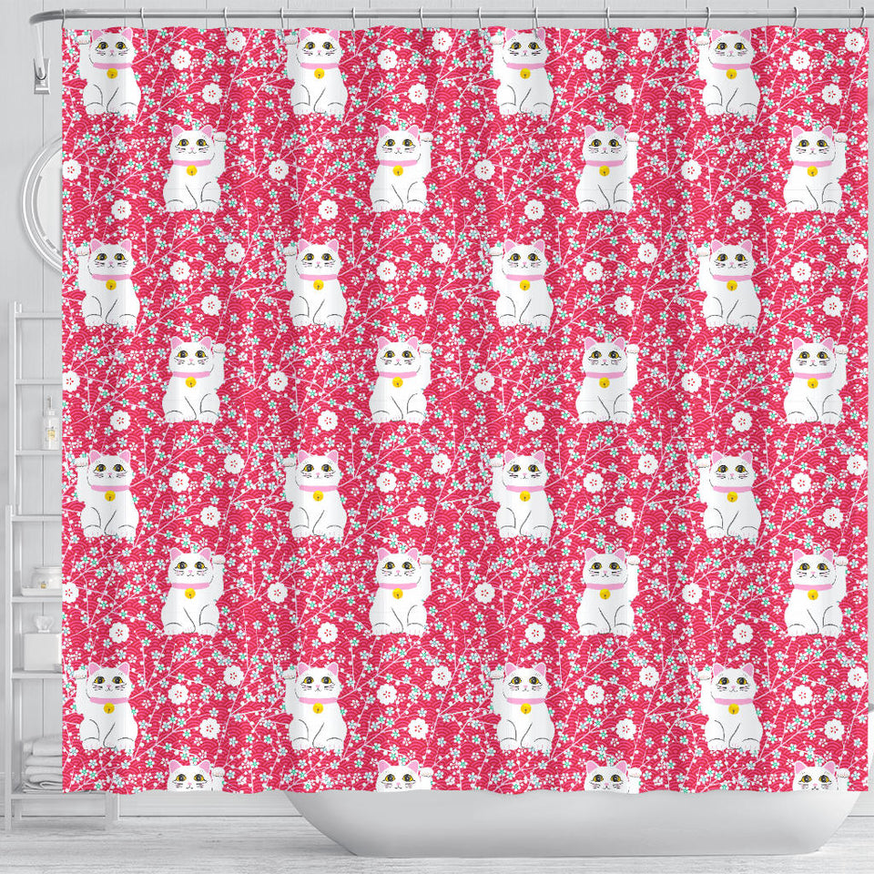 Maneki Neko Lucky Cat Sakura Pink Background Shower Curtain Fulfilled In US
