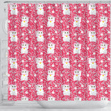 Maneki Neko Lucky Cat Sakura Pink Background Shower Curtain Fulfilled In US