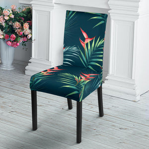 Heliconia Flowers, Palm And Monstera Leaves On Black Background Pattern Dining Chair Slipcover