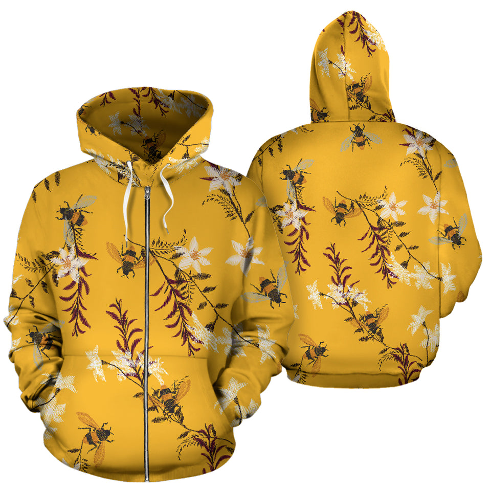 Bee Flower Pattern Zip Up Hoodie