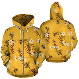 Bee Flower Pattern Zip Up Hoodie