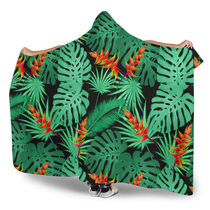 Heliconia Flower Palm Monstera Leaves Black Background Hooded Blanket