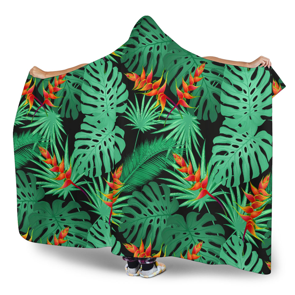 Heliconia Flower Palm Monstera Leaves Black Background Hooded Blanket