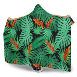 Heliconia Flower Palm Monstera Leaves Black Background Hooded Blanket
