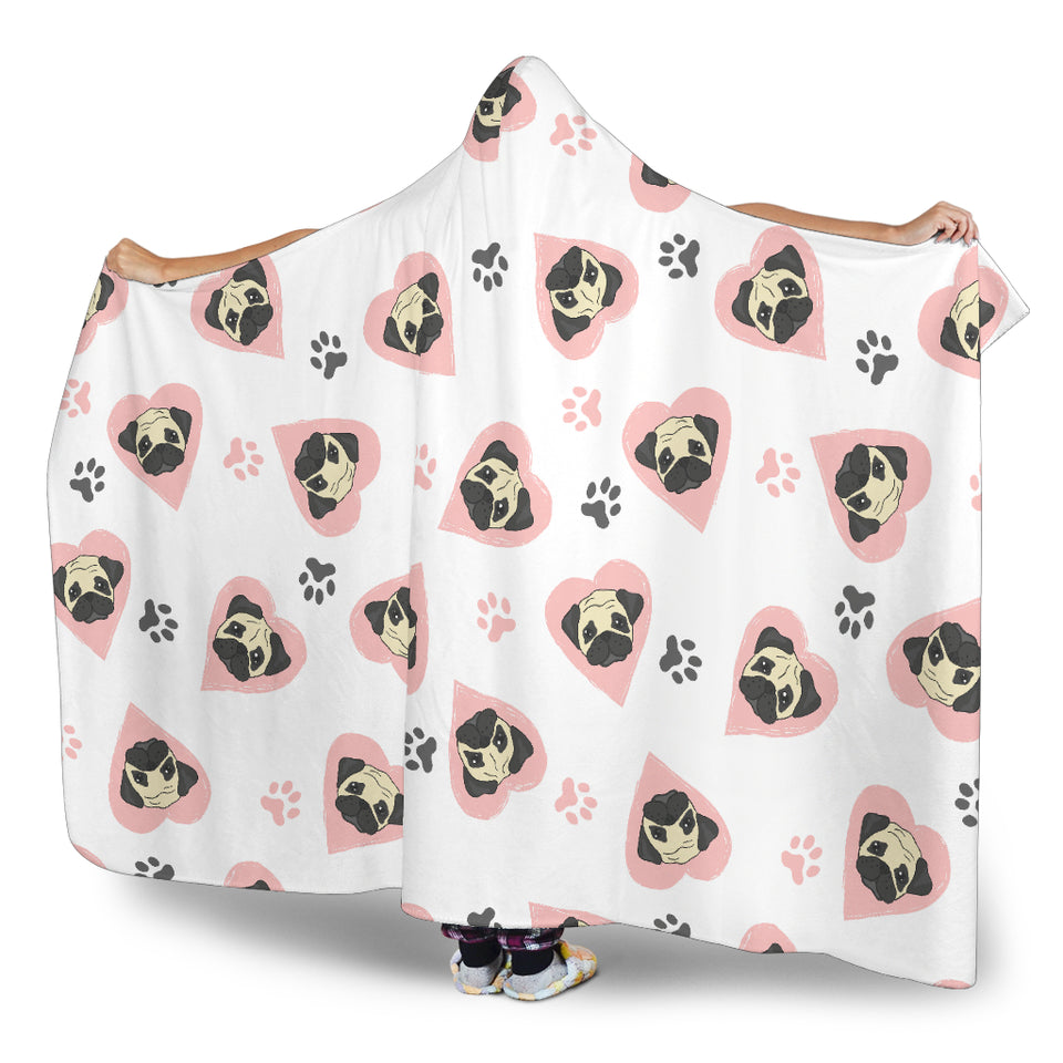Cute Pugs Pink Heart Paw Pattern Hooded Blanket