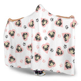 Cute Pugs Pink Heart Paw Pattern Hooded Blanket