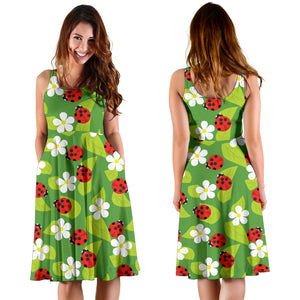 Ladybug Pattern Print Design 01 Sleeveless Midi Dress