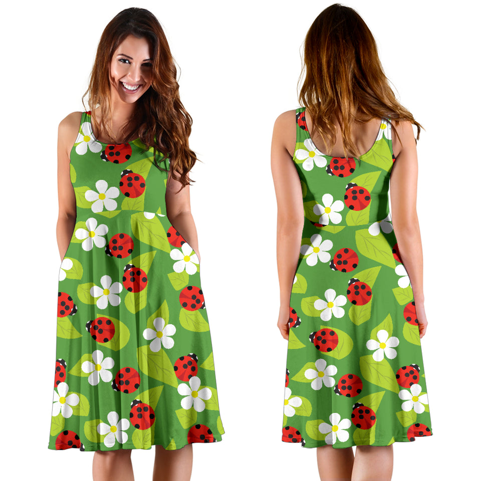 Ladybug Pattern Print Design 01 Sleeveless Midi Dress
