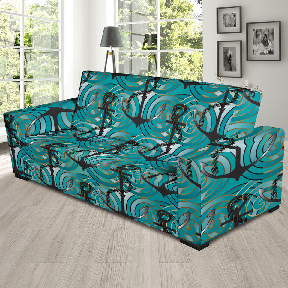 Anchor Nautical Green Background Sofa Slipcover