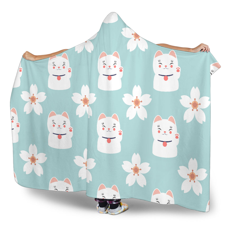 Maneki Neko Lucky Cat Sakura Hooded Blanket