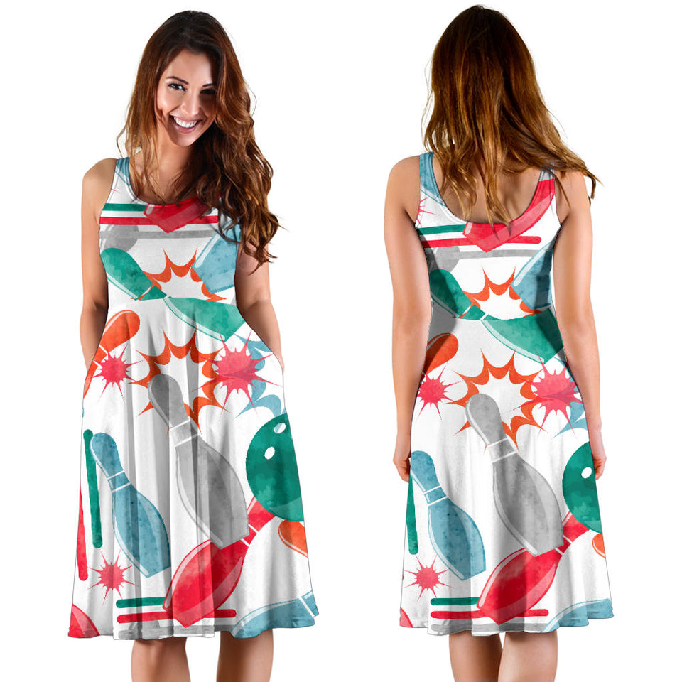 Watercolor Bowling Pattern Sleeveless Midi Dress