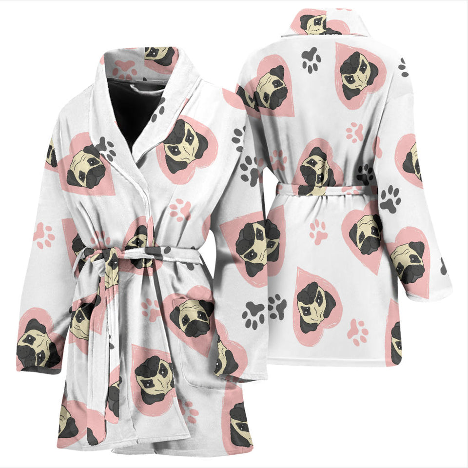 Cute Pugs Pink Heart Paw Pattern Women'S Bathrobe