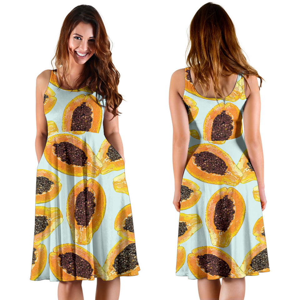 Watercolor Papaya Pattern Sleeveless Midi Dress