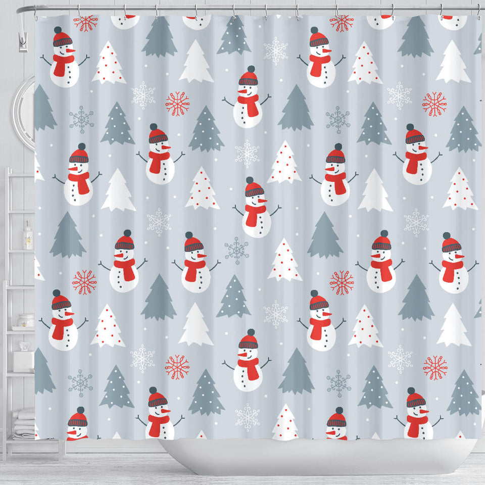 Snowman Christmas  Tree Snow Gray Background Shower Curtain Fulfilled In US