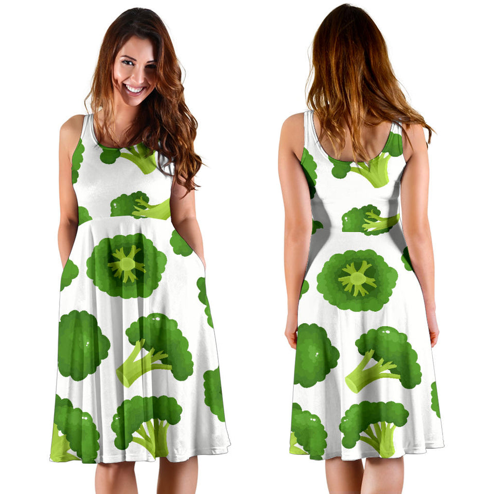 Cute Broccoli Pattern Sleeveless Midi Dress