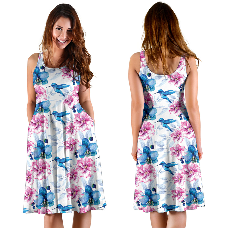 Hummingbird Pattern Print Design 02 Sleeveless Midi Dress