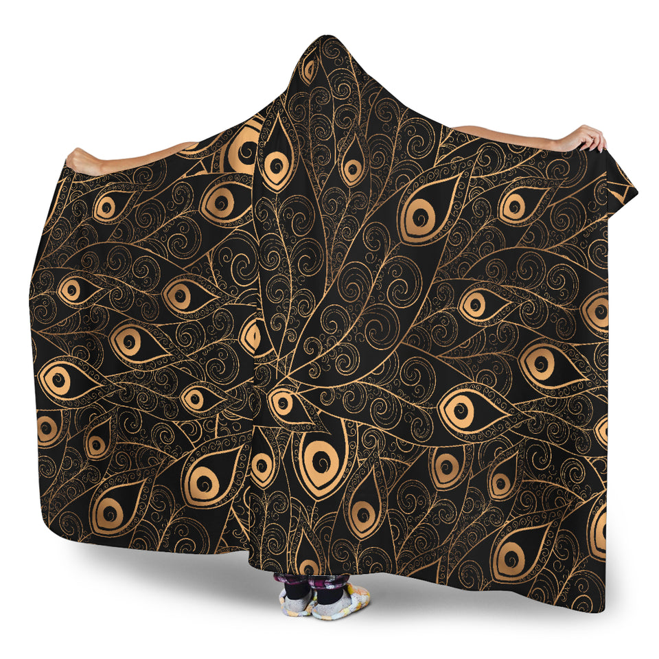 Gold Peacock Feather Pattern Hooded Blanket