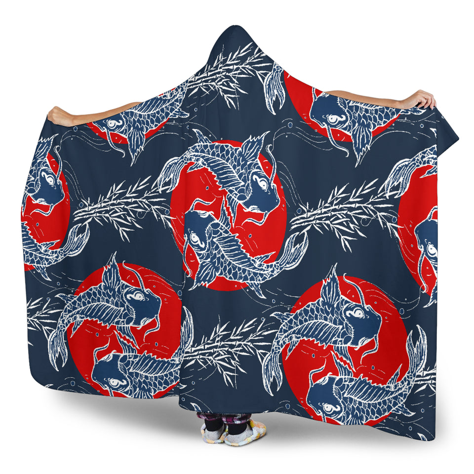 Koi Fish Carp Fishs Hand Drawn Japanese Art Hooded Blanket