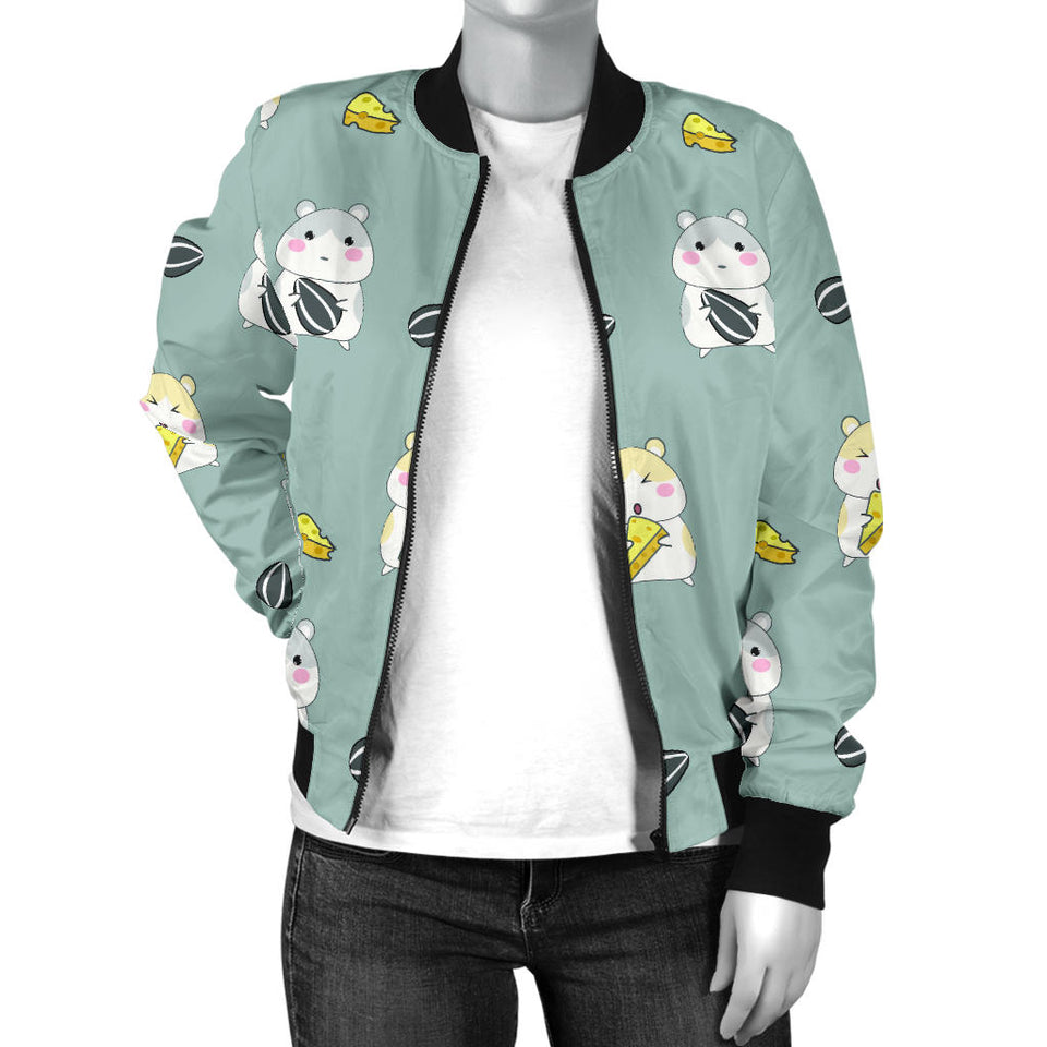 Cute Hamster Cheese Pattern Women'S Bomber Jacket