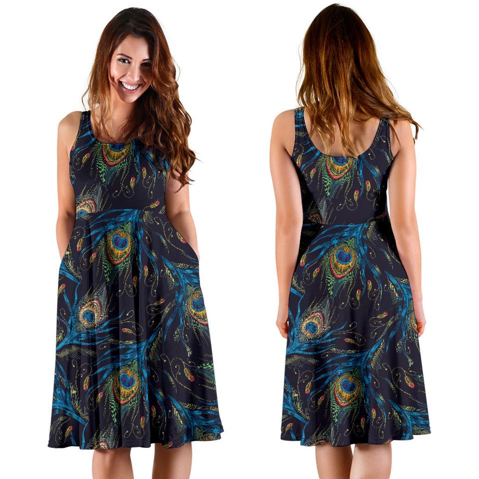 Beautiful Peacock Feather Pattern Sleeveless Midi Dress