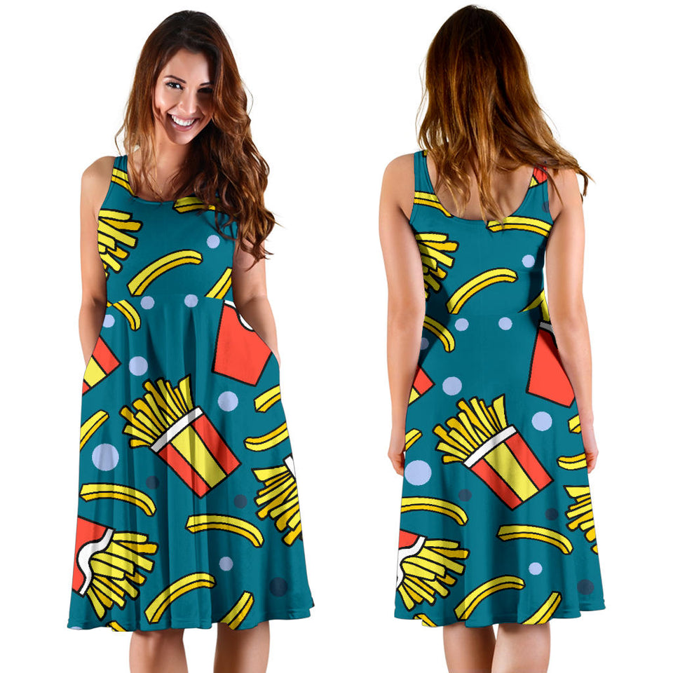 French Fries Red Paper Box Pattern Sleeveless Midi Dress