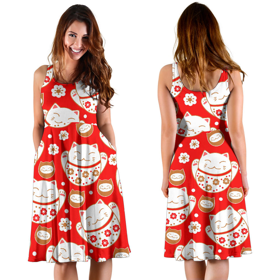 Cute Maneki Neko Lucky Cat Red Background Sleeveless Midi Dress