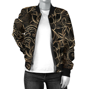 Luxurious Gold Lotus Waterlily Black Background Women'S Bomber Jacket