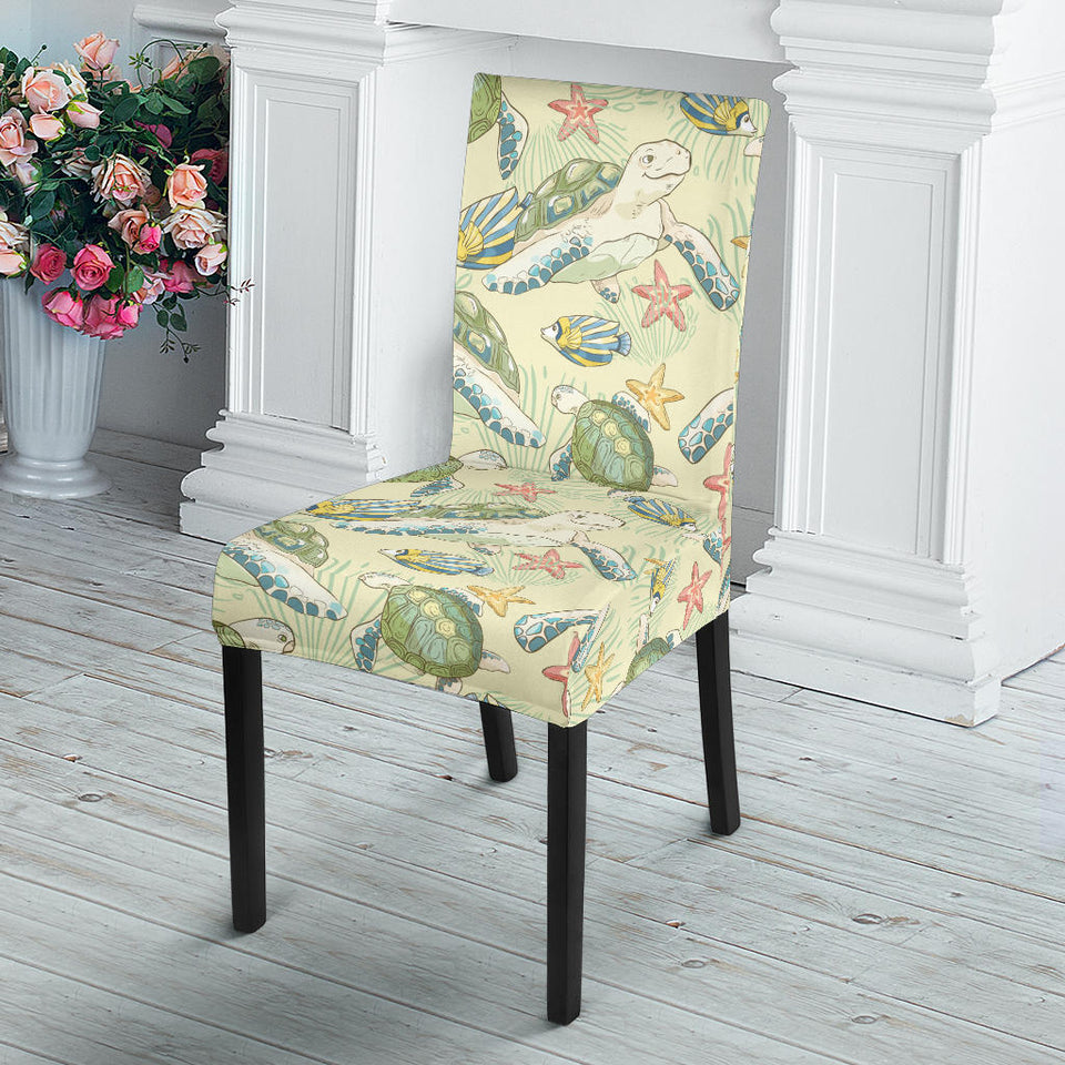 Hand Drawn Sea Turtle Fish Pattern Dining Chair Slipcover